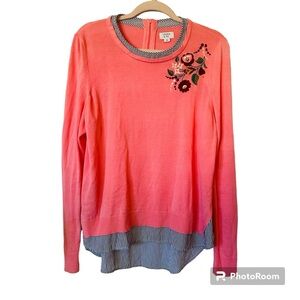 Crown & Ivy Embroidered Floral Summer Soft Tunic Top Long Sleeve Blouse Plus XL